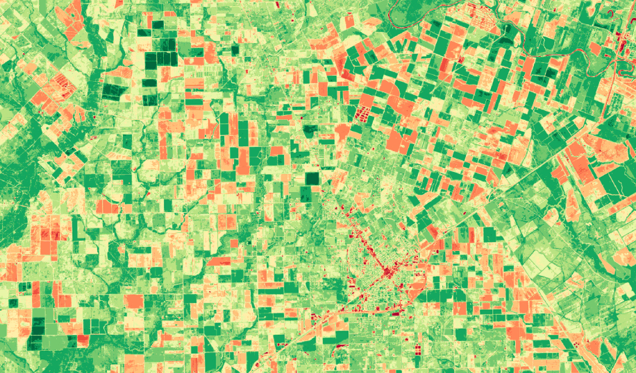 NDVI map with potentially underperforming areas marked red