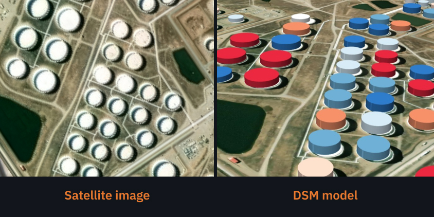 DSM (digital surface model) based fuel storage tanks color-coded by fill levels