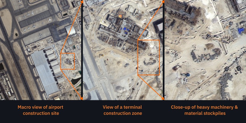 high-res satellite progression from macro jobsite view to terminal zone and heavy machinery close-up