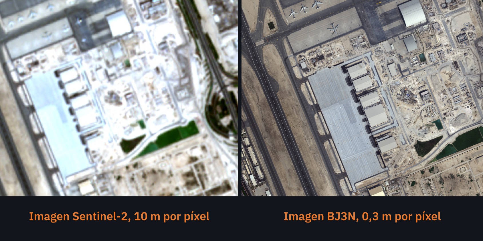 imagen de supervisión de obra en remoto que contrasta una vista pixelada de 10 m con una vista detallada de 0,3 m del aeropuerto de Doha