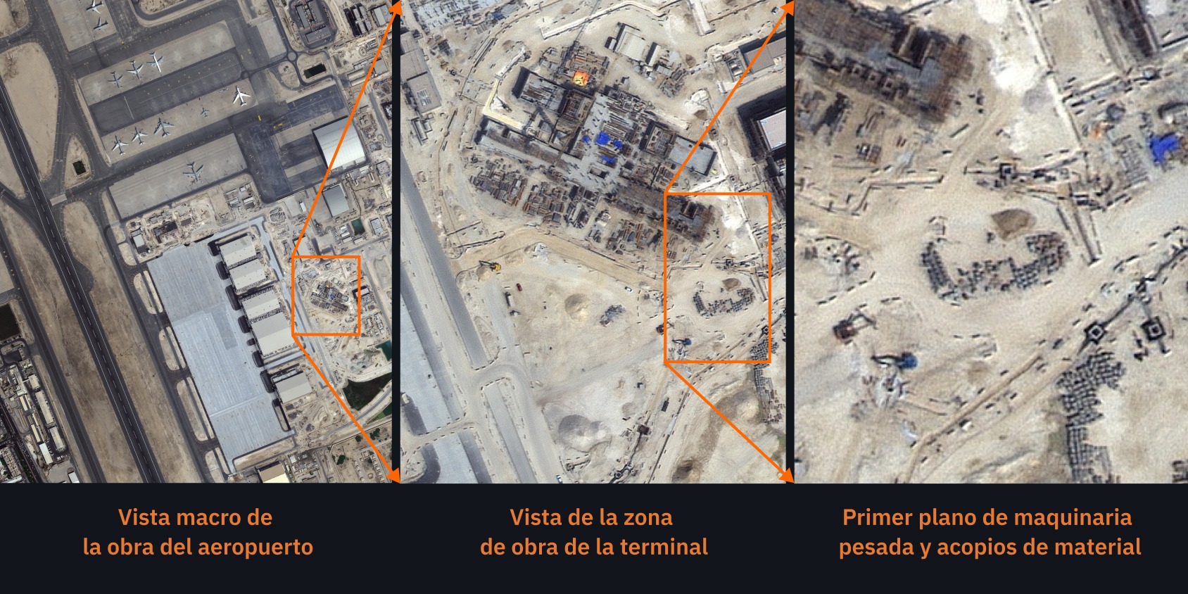progresión de satélite de alta resolución desde la vista macro de la obra hasta la zona de la terminal y el primer plano de maquinaria pesada