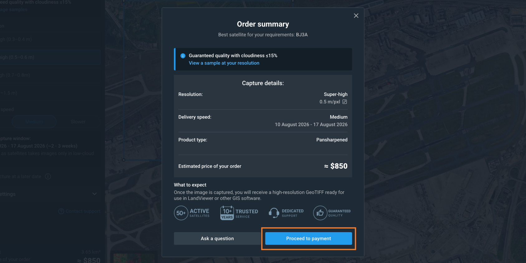 satellite tasking pricing and payment on the platform