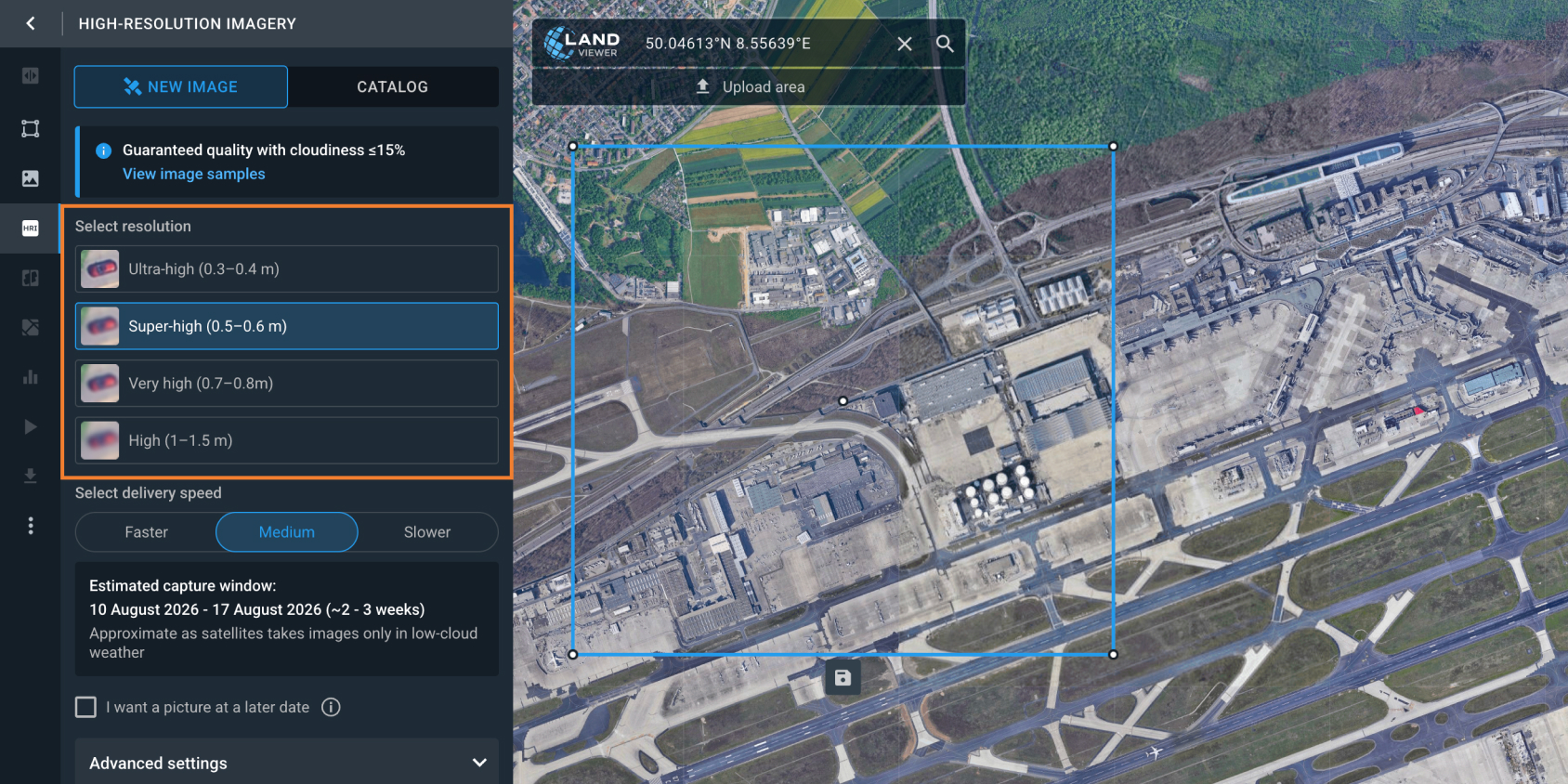 tasking a satellite with a certain resolution on the platform