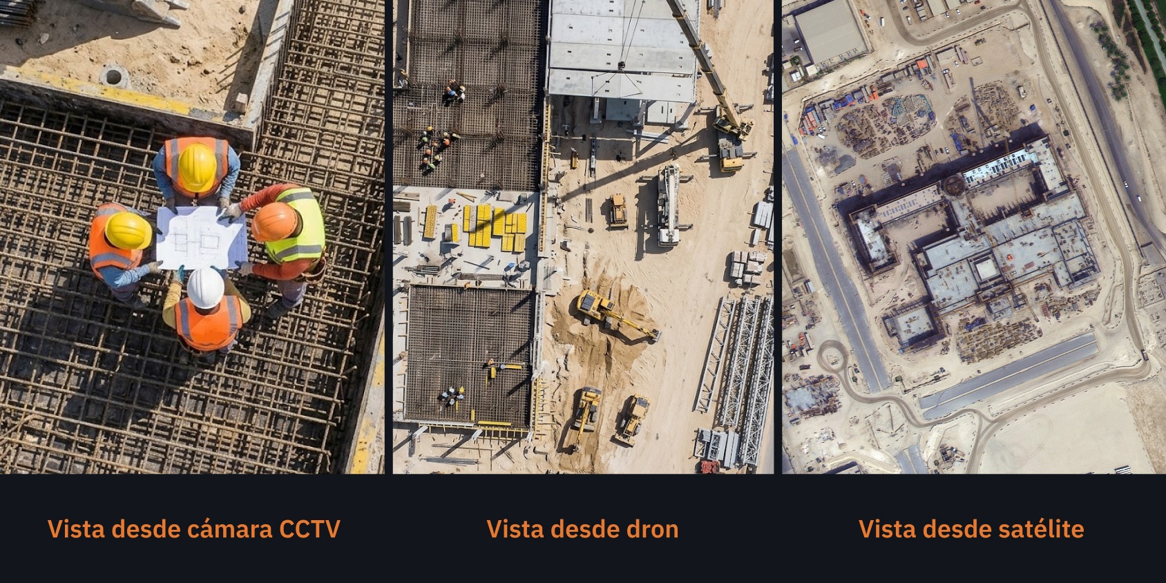 vistas de una obra desde cámaras CCTV y con IA frente a drones (UAV) y satélites de alta resolución